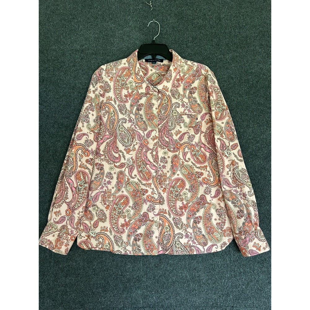 Tommy Hilfiger Womens XL Paisley Shirt Long Sleeve Button Down Pink White Preppy